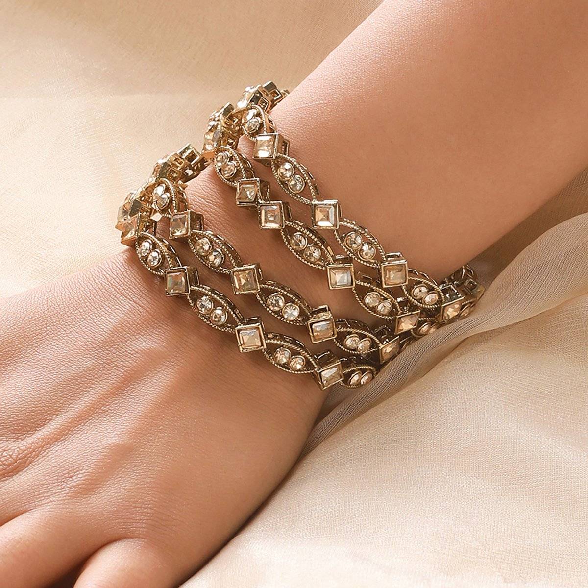Aatmana Gold-Plated Pearl & White Kundan Studded Bangles (Set of 4) (2-4)