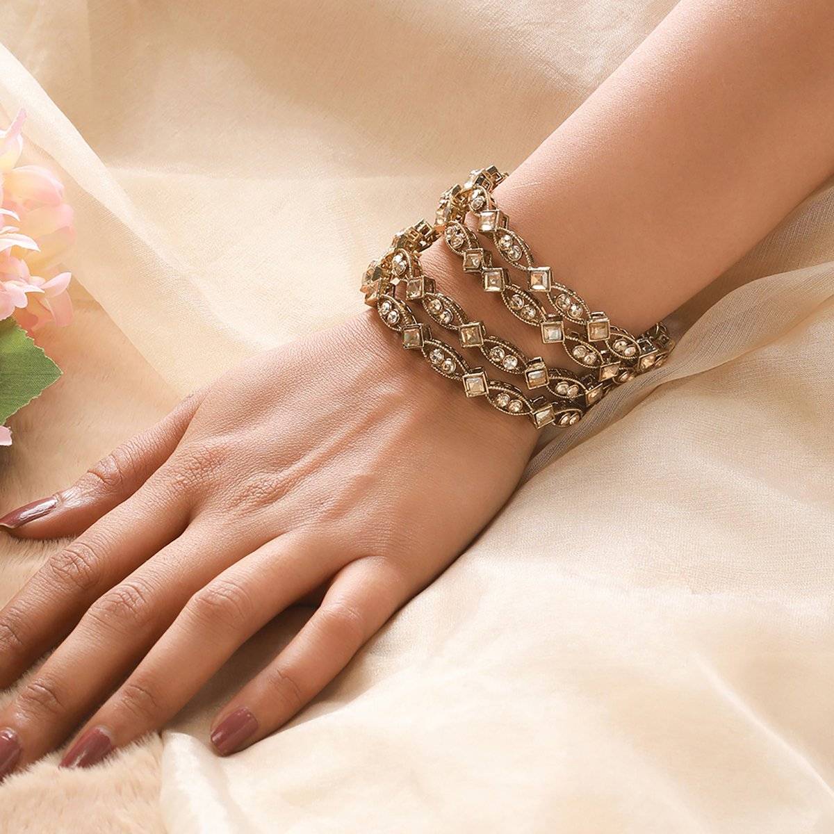 Aatmana Gold-Plated Pearl & White Kundan Studded Bangles (Set of 4) (2-4)