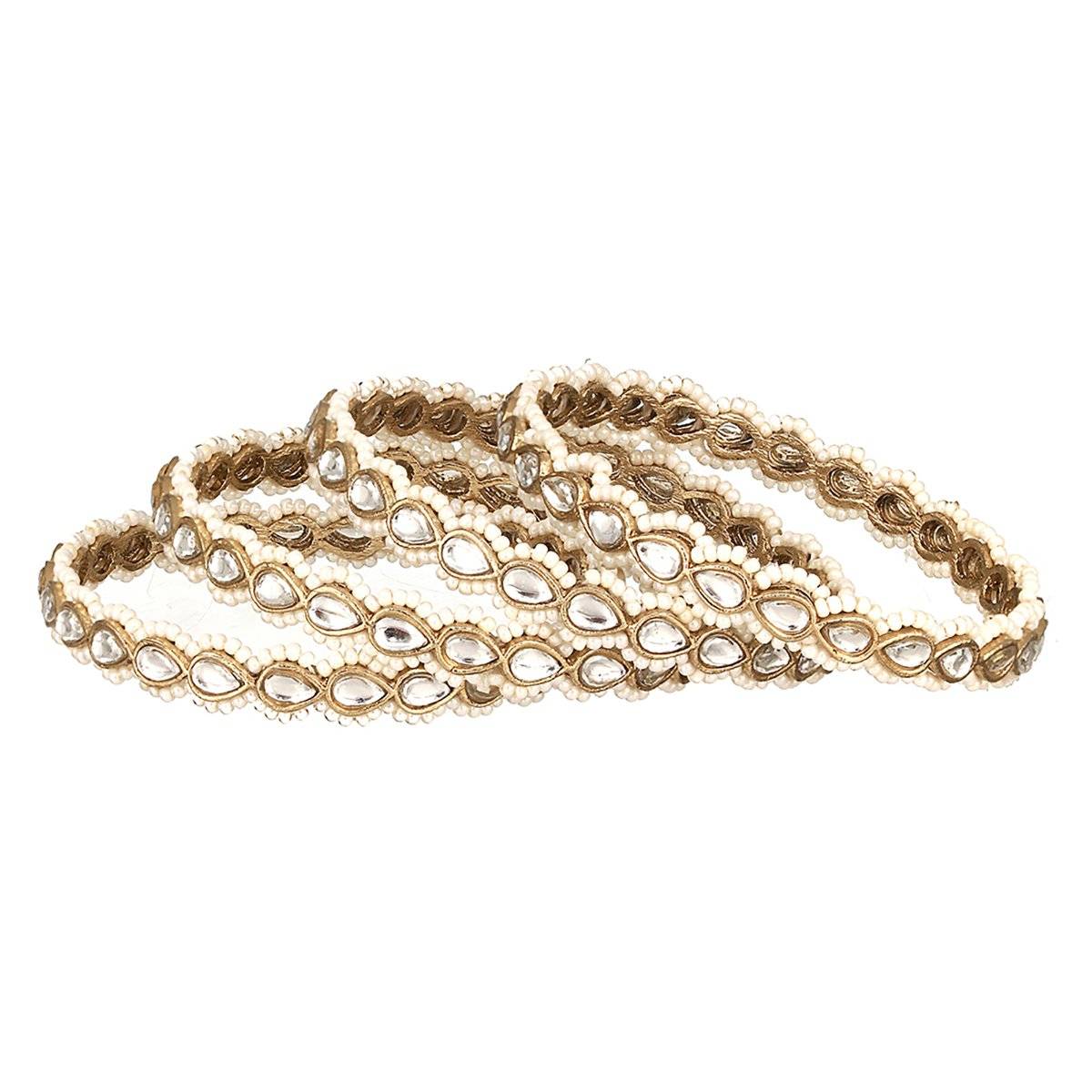 Aatmana 22K Gold-Plated White Kundan-Studded & Pearl Beaded Handcrafted Bangle (Set of 4)