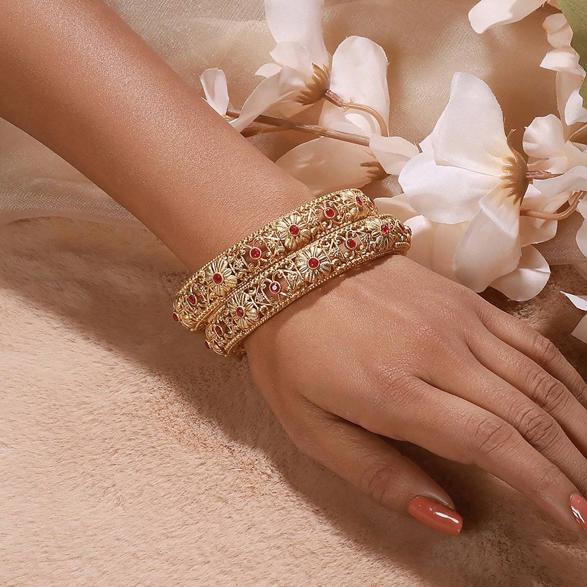 Aatmana Gold-Plated Red Stones-Studded Bangles (Set of 2)