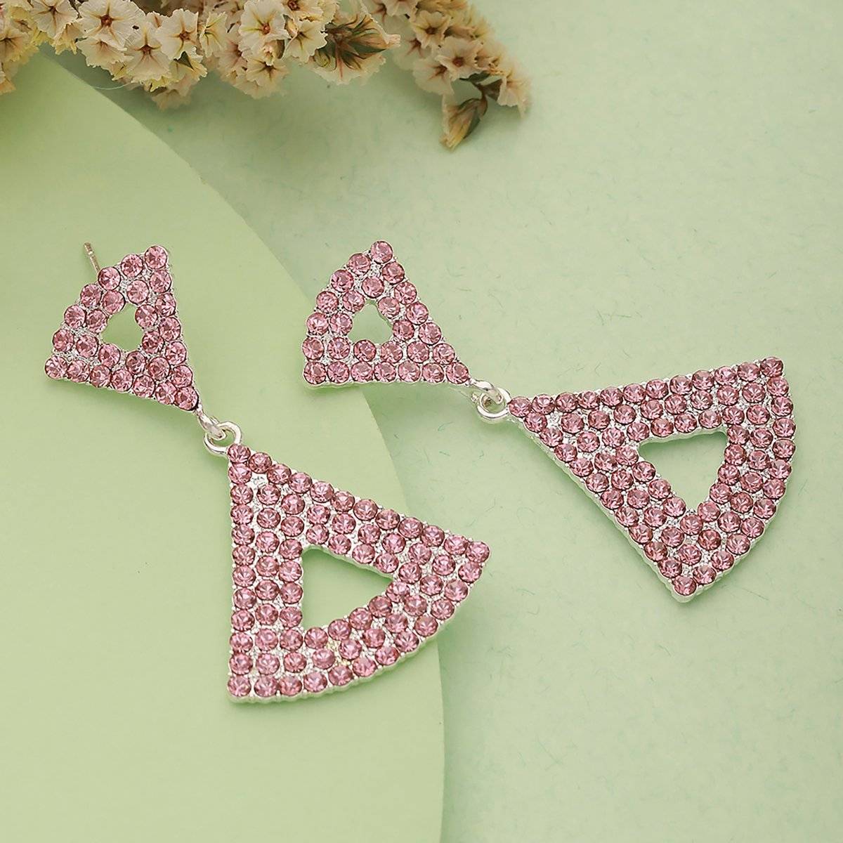 Aatmana Pink & Silver-Toned Triangular Stone Drop Earrings