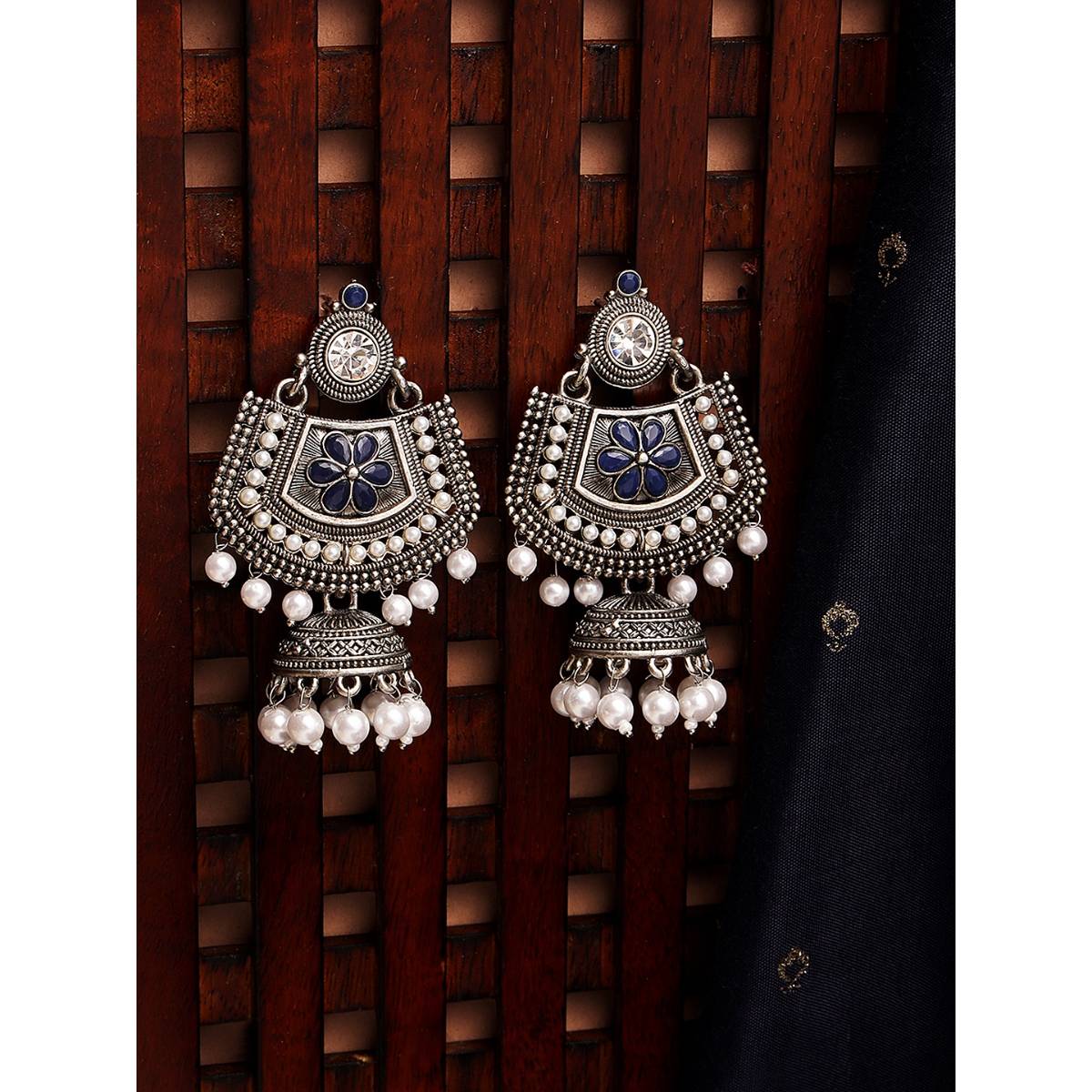 Aatmana Blue Meenakari Kundan and Pearl Floral Ethnic Drop Jhumka Earrings