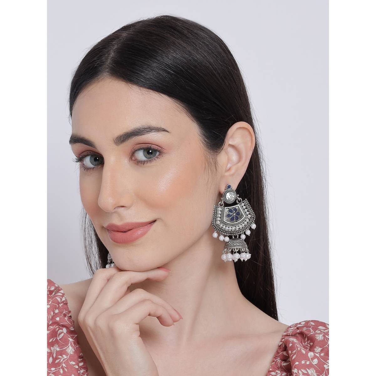 Aatmana Blue Meenakari Kundan and Pearl Floral Ethnic Drop Jhumka Earrings
