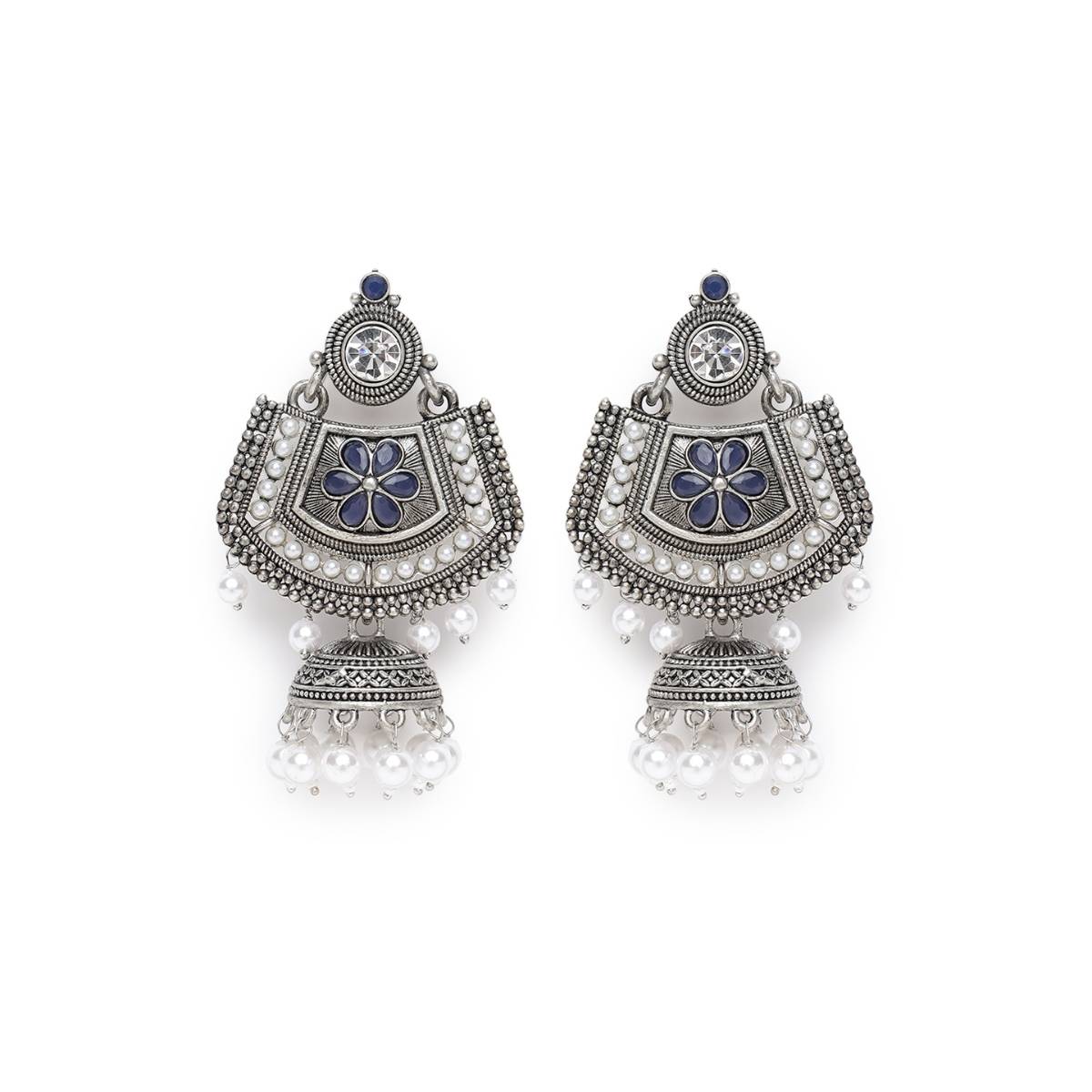 Aatmana Blue Meenakari Kundan and Pearl Floral Ethnic Drop Jhumka Earrings