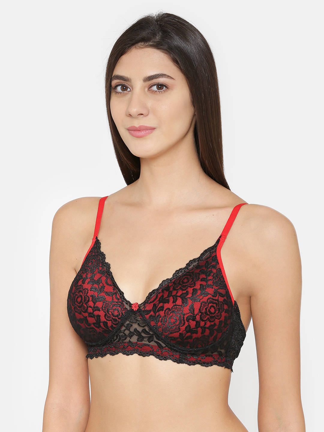 Abelino Bridal Black Red Lace Lightly Padded Push-up Bra - Black (28B) · 28B