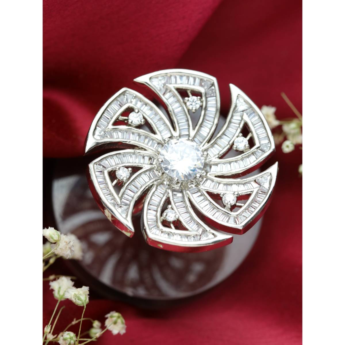 Aatmana White Rhodium Plated AD Studded Floral Adjustable Finger Ring