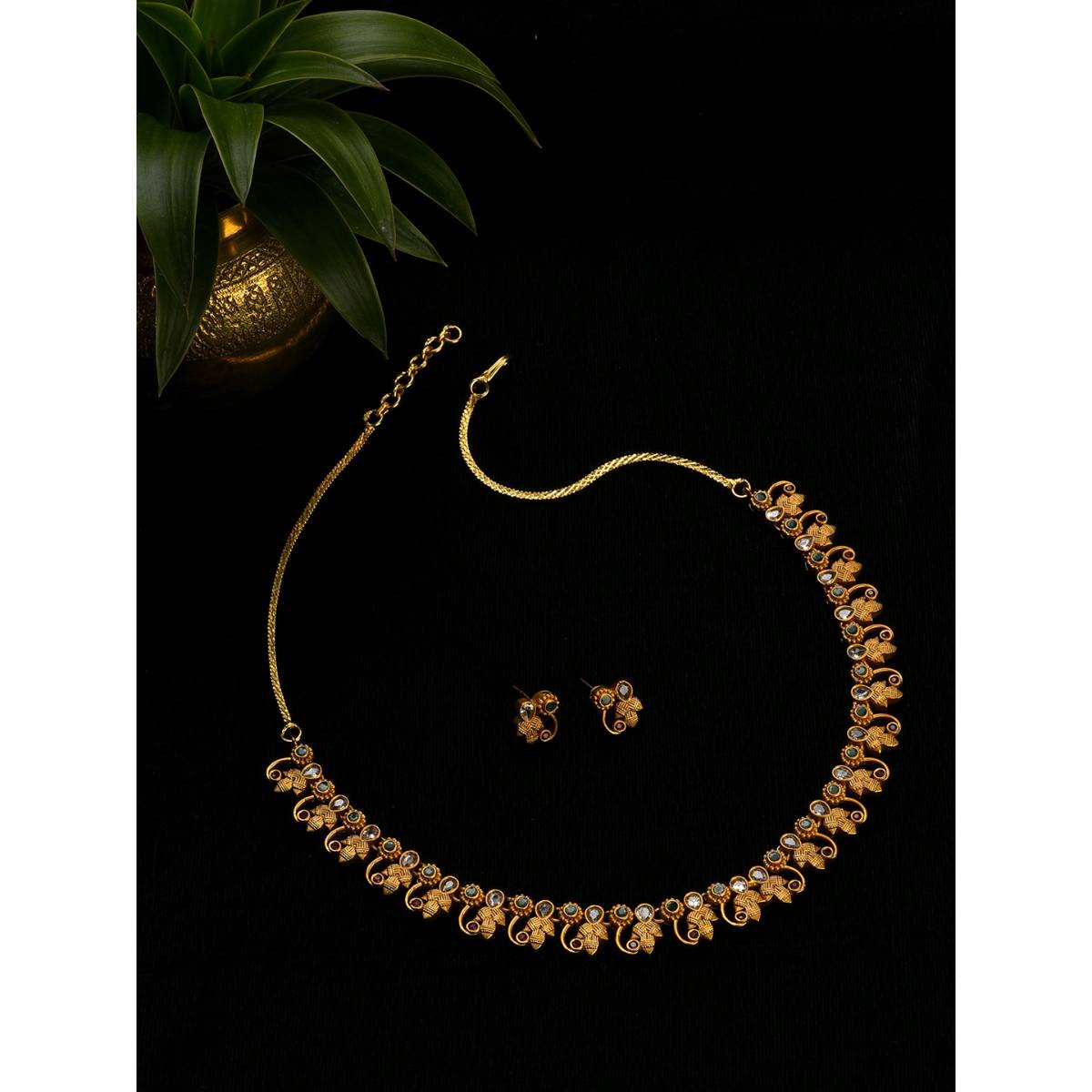 Aatmana Antique Gold Plated American Diamond Studded Jewellery Set