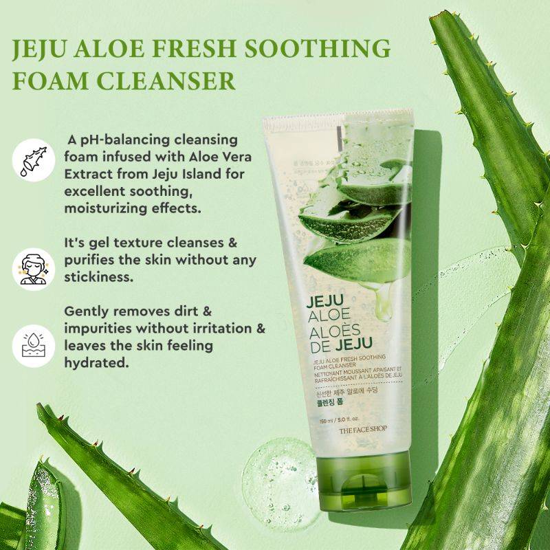 The Face Shop Jeju Aloe Fresh Soothing Foam Cleanser, Gel To Foam Hydrating & Cooling Face Wash