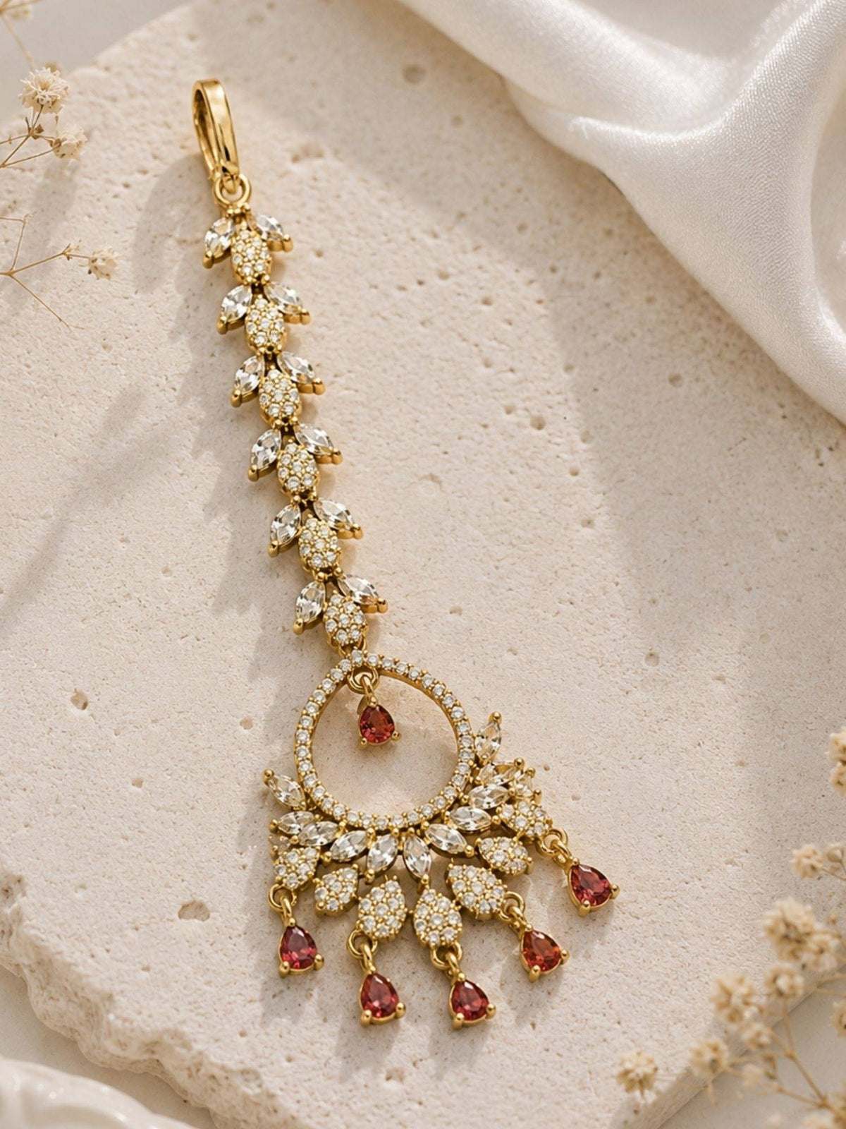 Abdesigns Mehendi Gold Oxidised Plated Red American Diamond Maang Tikka