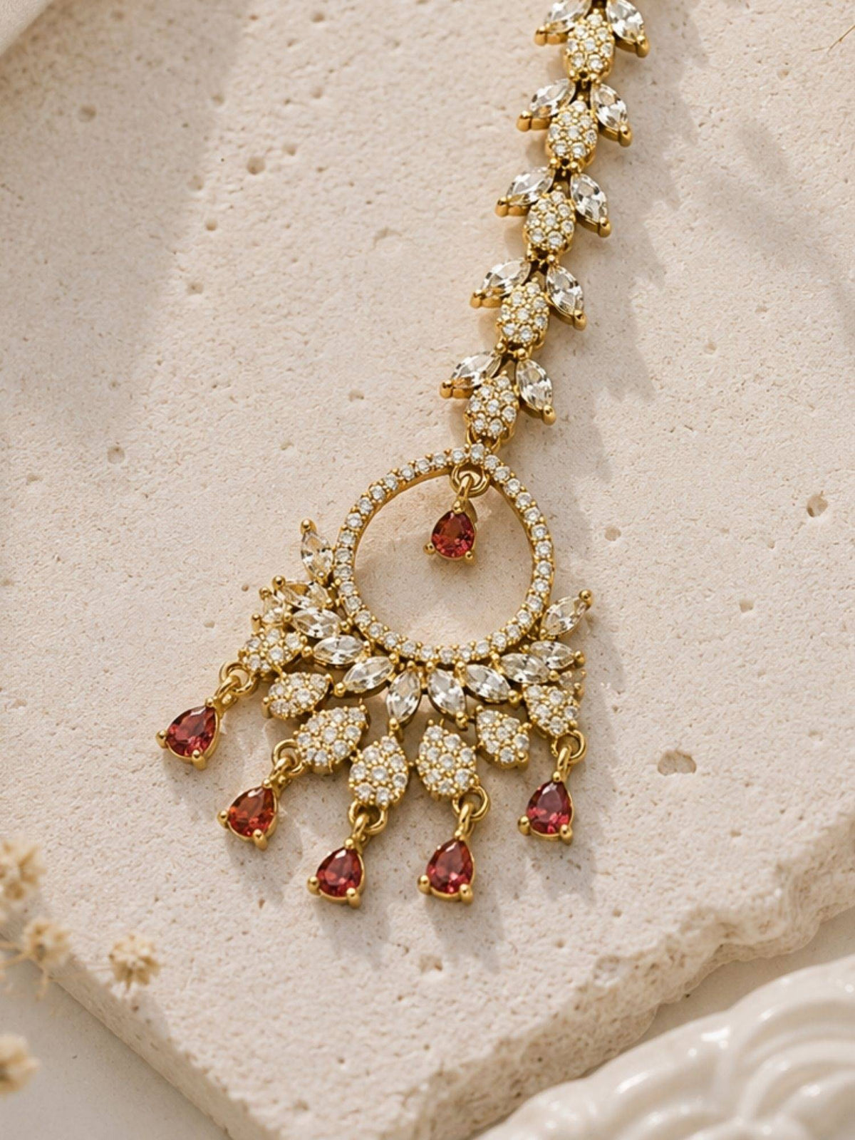 Abdesigns Mehendi Gold Oxidised Plated Red American Diamond Maang Tikka