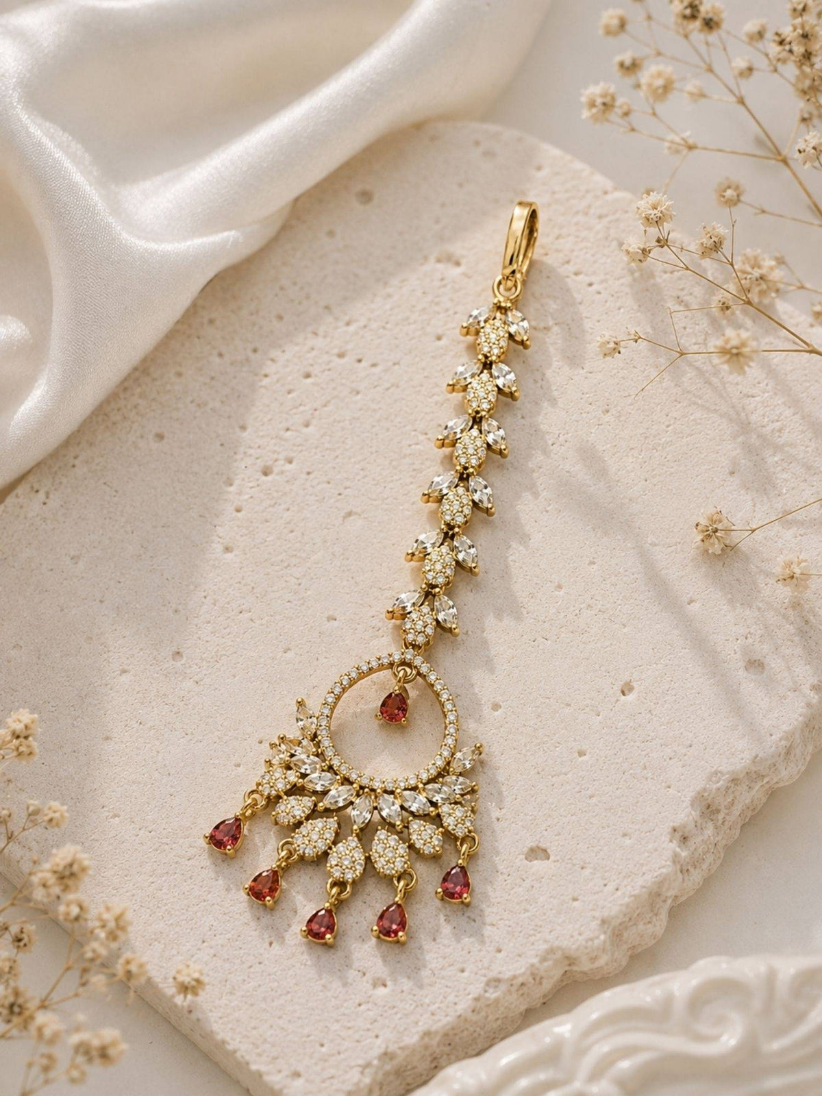 Abdesigns Mehendi Gold Oxidised Plated Red American Diamond Maang Tikka