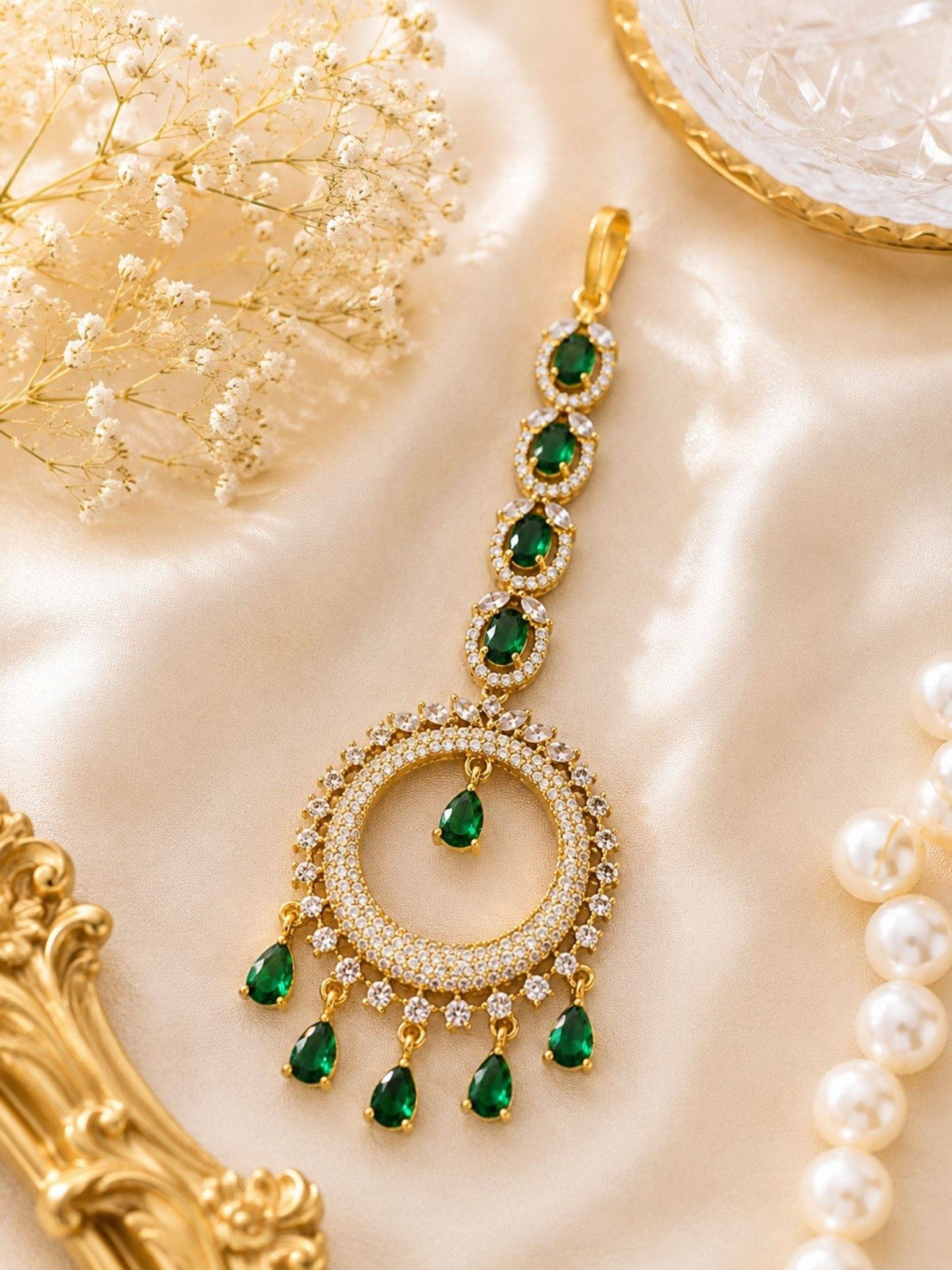 Abdesigns Mehendi Gold Oxidised Plated Green American Diamond Maang Tikka