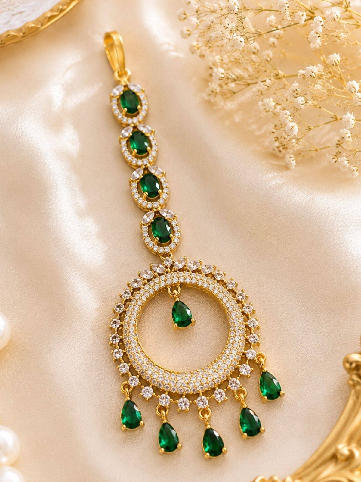 Abdesigns Mehendi Gold Oxidised Plated Green American Diamond Maang Tikka