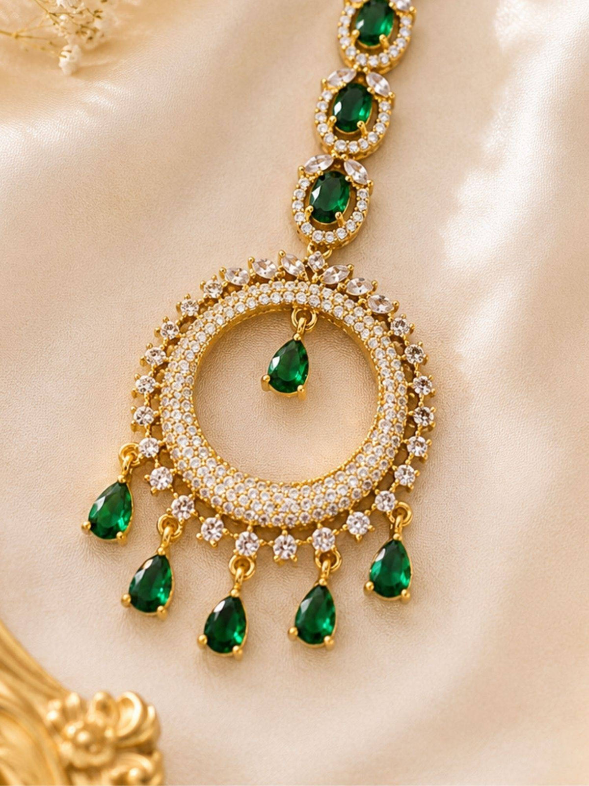 Abdesigns Mehendi Gold Oxidised Plated Green American Diamond Maang Tikka