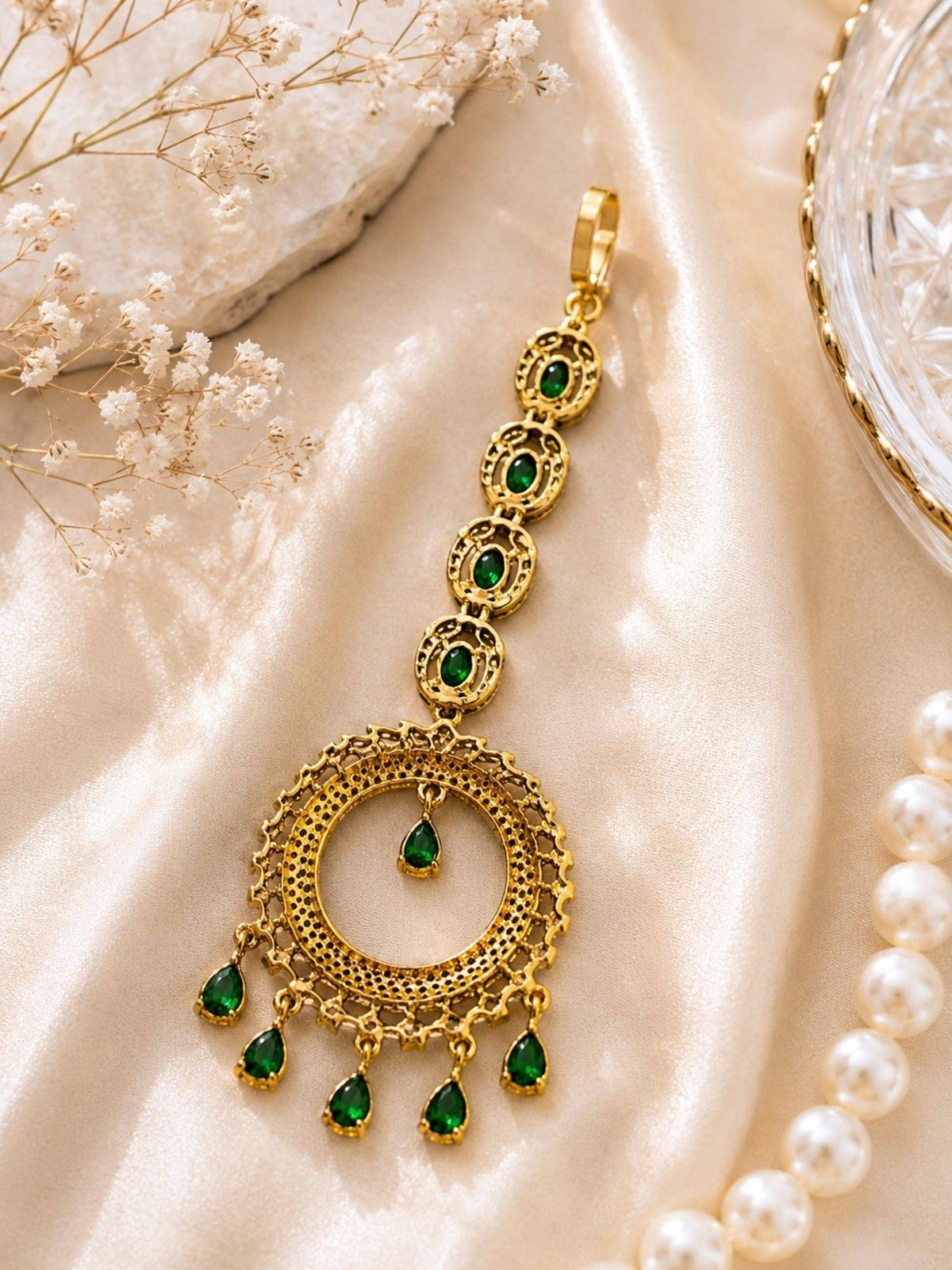 Abdesigns Mehendi Gold Oxidised Plated Green American Diamond Maang Tikka