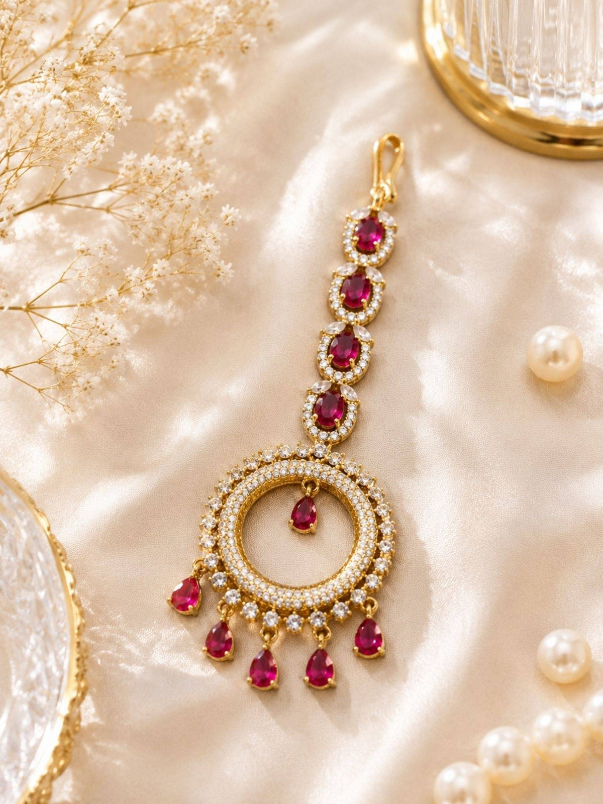 Abdesigns Mehendi Gold Oxidised Plated Red American Diamond Maang Tikka