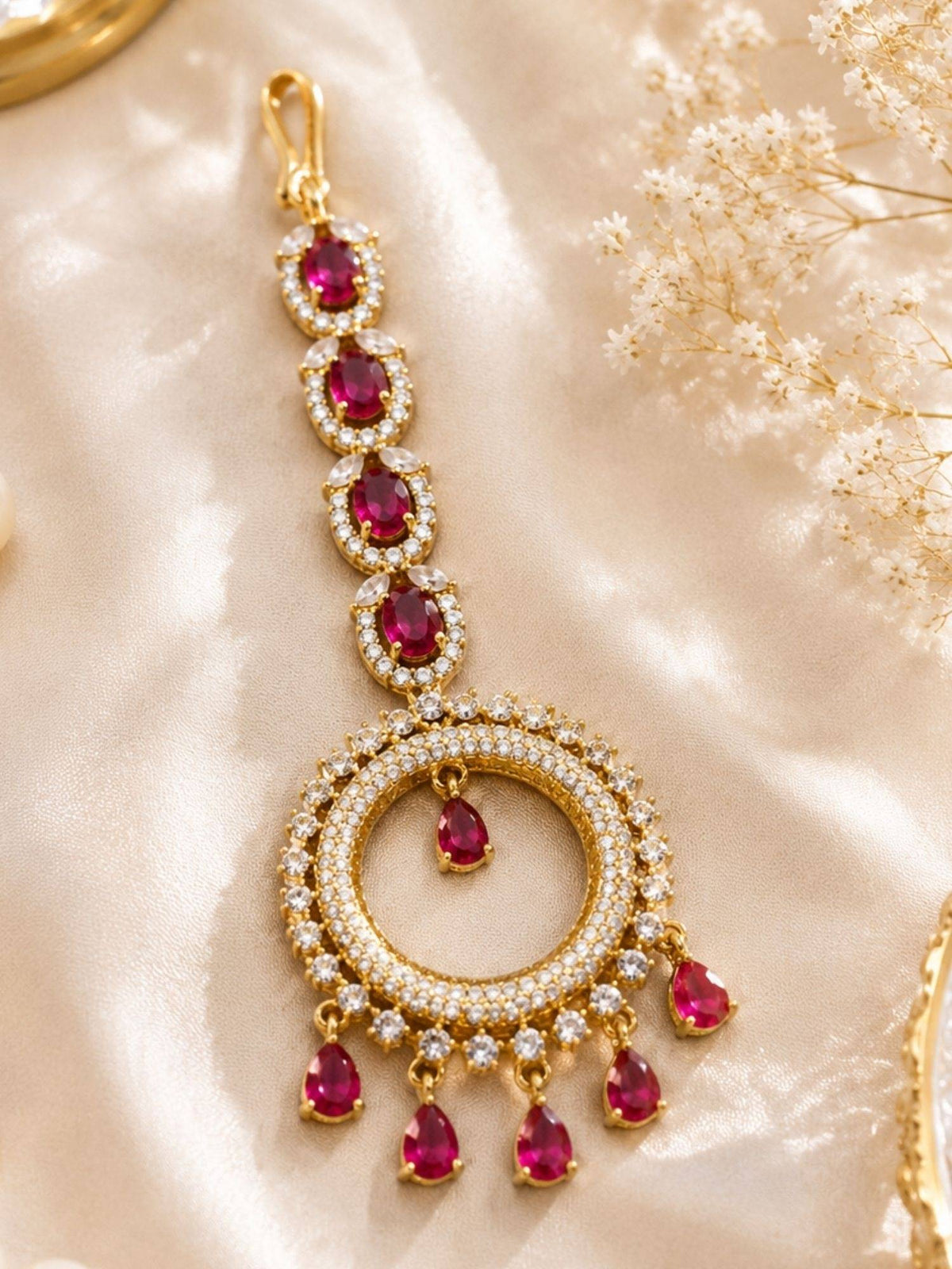 Abdesigns Mehendi Gold Oxidised Plated Red American Diamond Maang Tikka