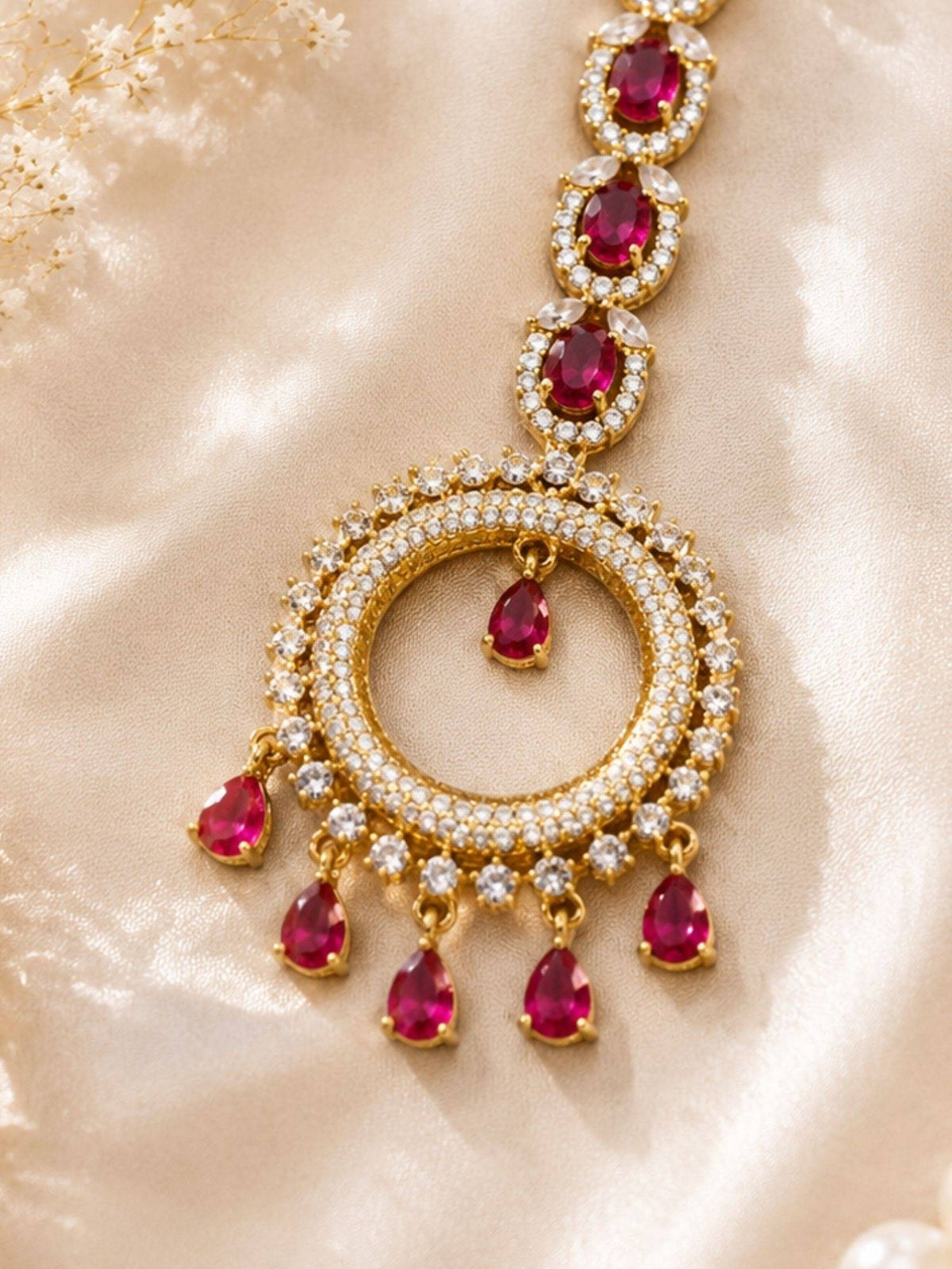 Abdesigns Mehendi Gold Oxidised Plated Red American Diamond Maang Tikka
