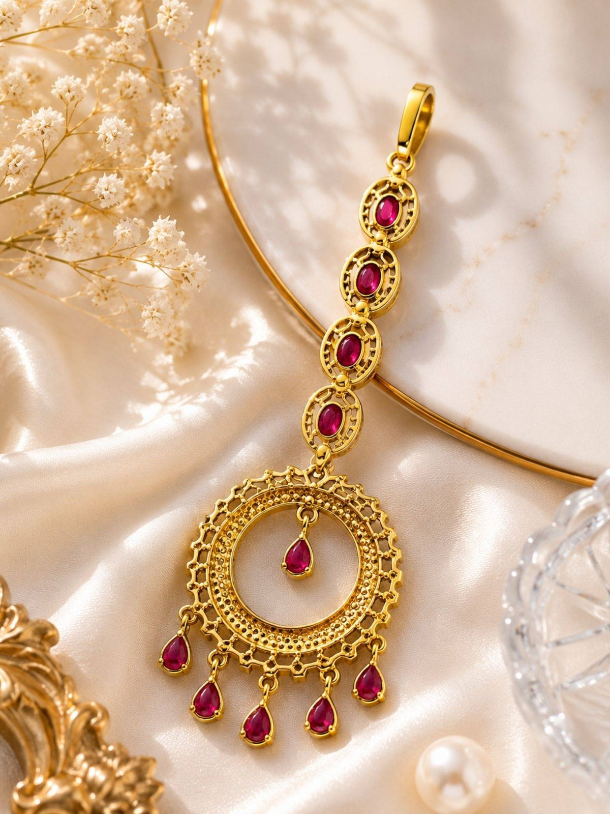 Abdesigns Mehendi Gold Oxidised Plated Red American Diamond Maang Tikka
