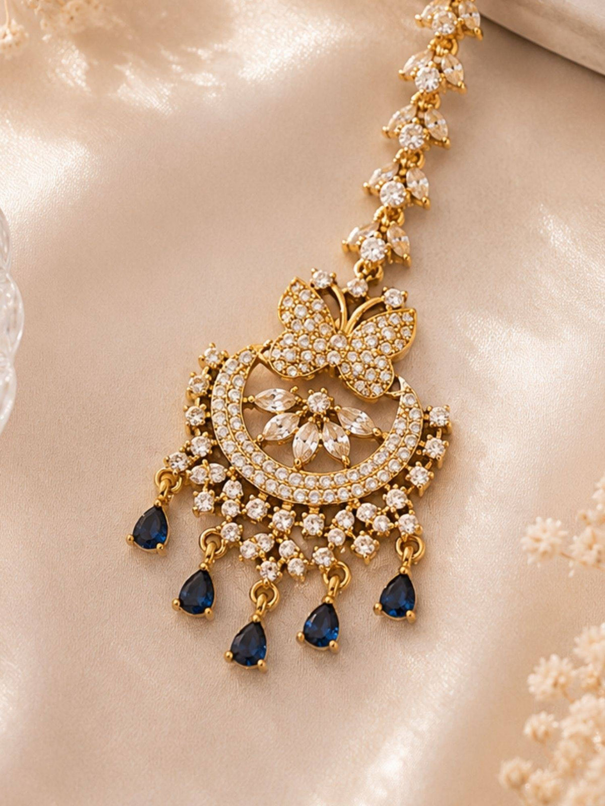 Abdesigns Mehendi Gold Oxidised Plated Blue American Diamond Maang Tikka