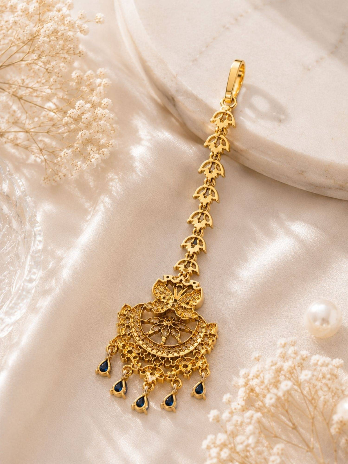 Abdesigns Mehendi Gold Oxidised Plated Blue American Diamond Maang Tikka