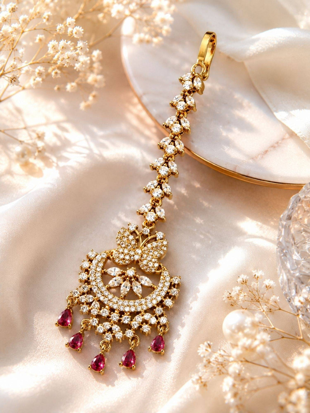 Abdesigns Mehendi Gold Oxidised Plated Red American Diamond Maang Tikka