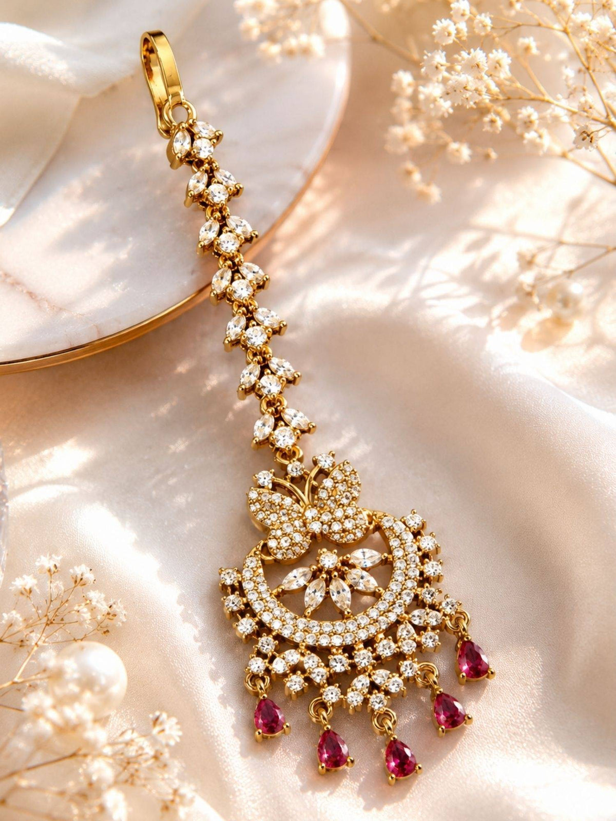 Abdesigns Mehendi Gold Oxidised Plated Red American Diamond Maang Tikka