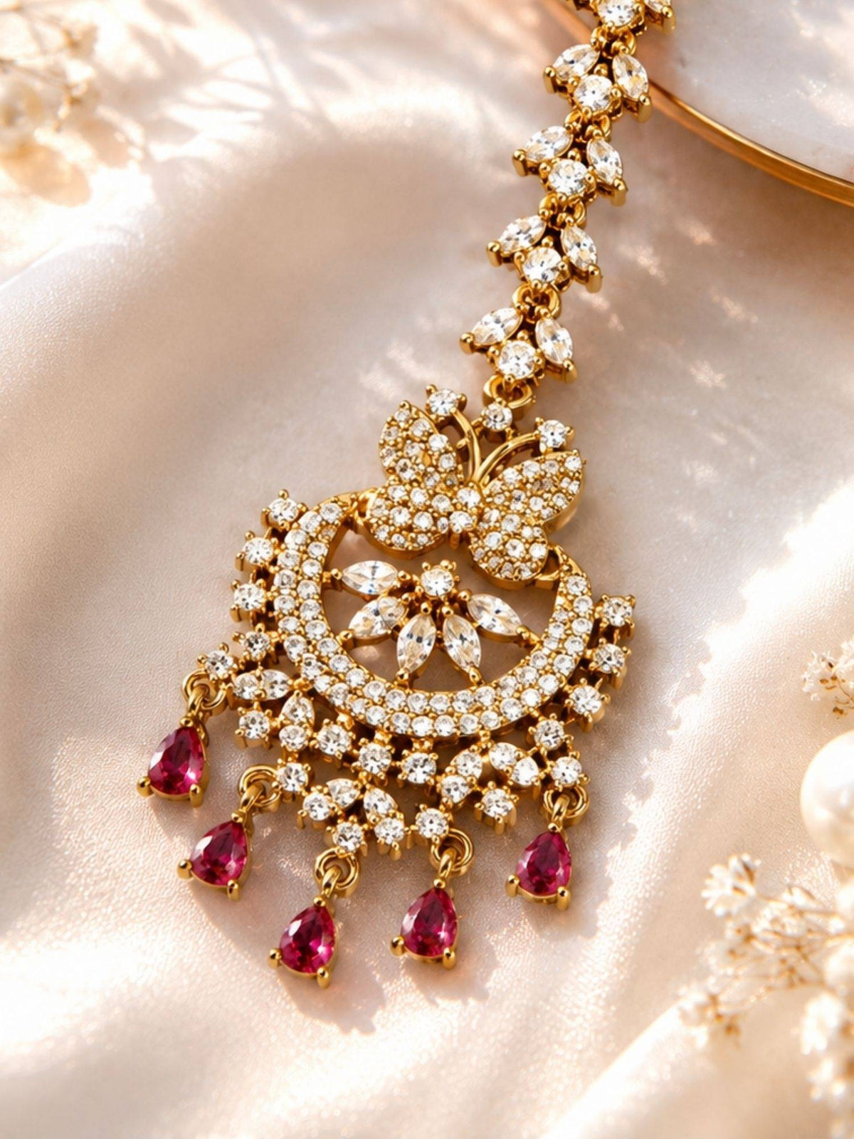 Abdesigns Mehendi Gold Oxidised Plated Red American Diamond Maang Tikka