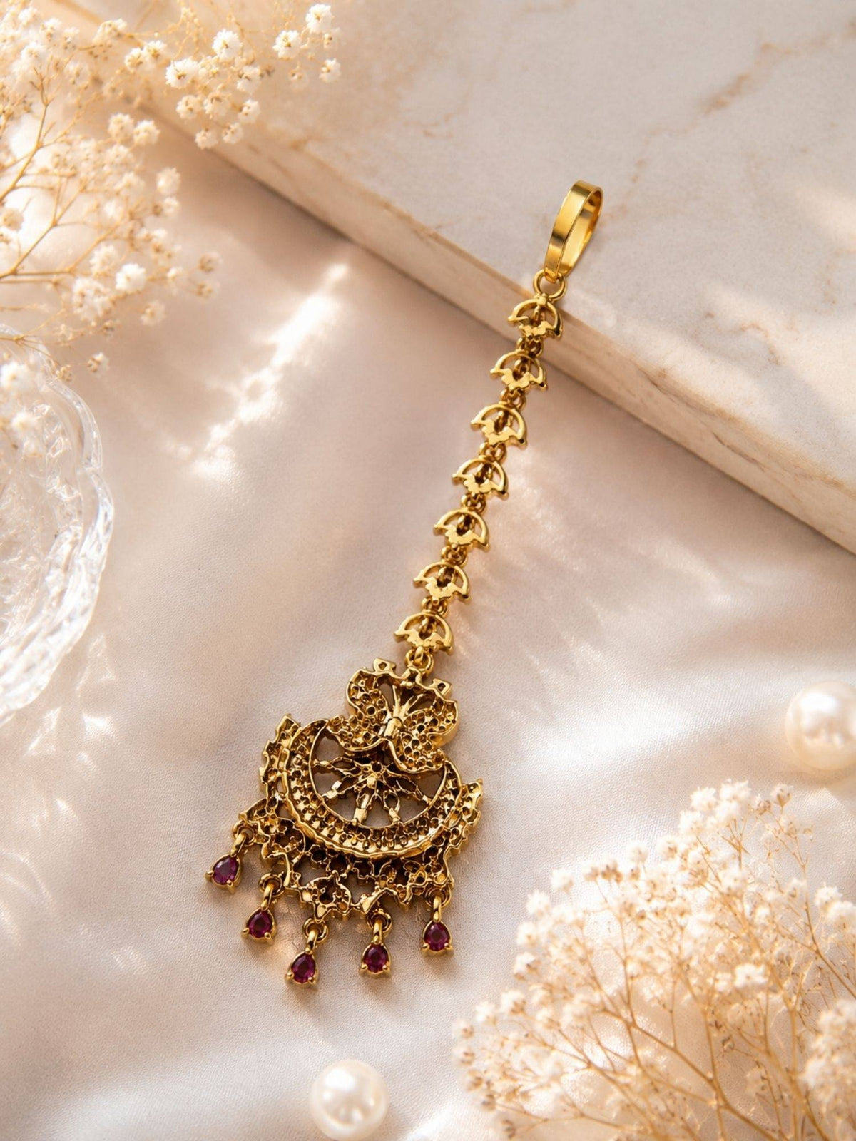 Abdesigns Mehendi Gold Oxidised Plated Red American Diamond Maang Tikka