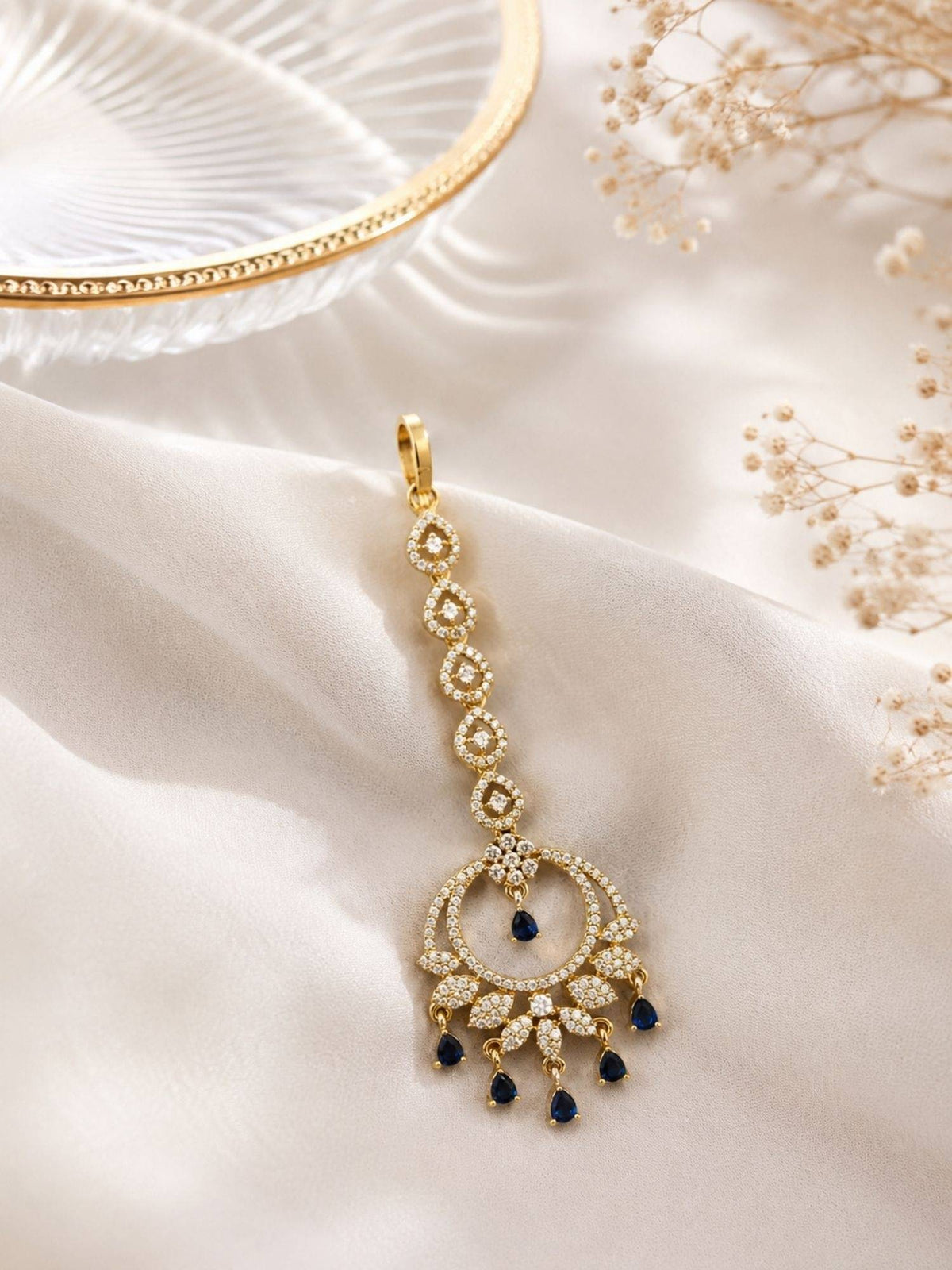 Abdesigns Mehendi Gold Oxidised Plated Blue American Diamond Maang Tikka