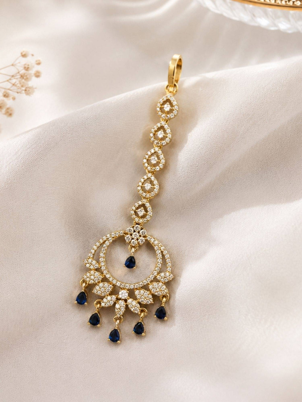 Abdesigns Mehendi Gold Oxidised Plated Blue American Diamond Maang Tikka