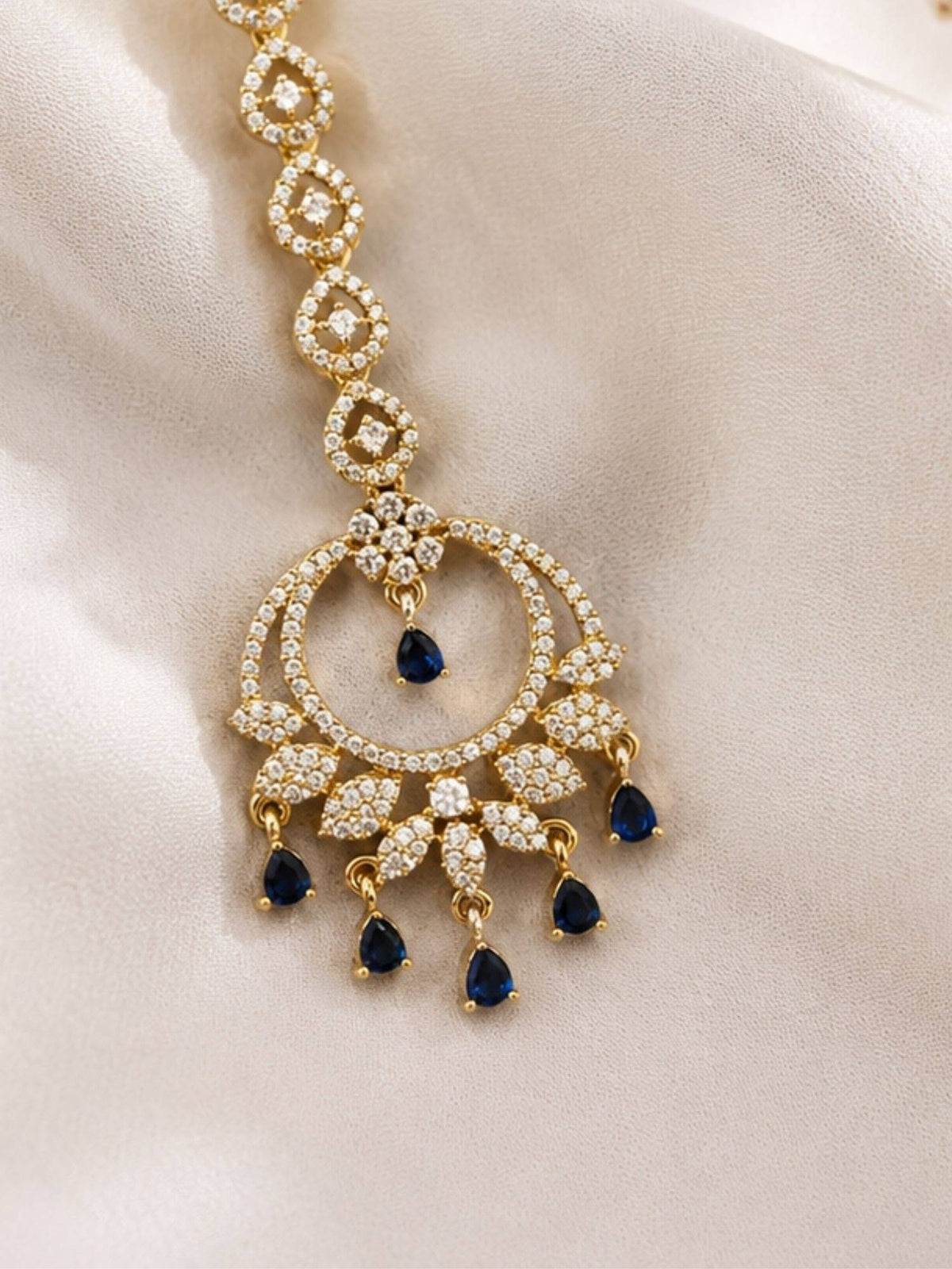 Abdesigns Mehendi Gold Oxidised Plated Blue American Diamond Maang Tikka