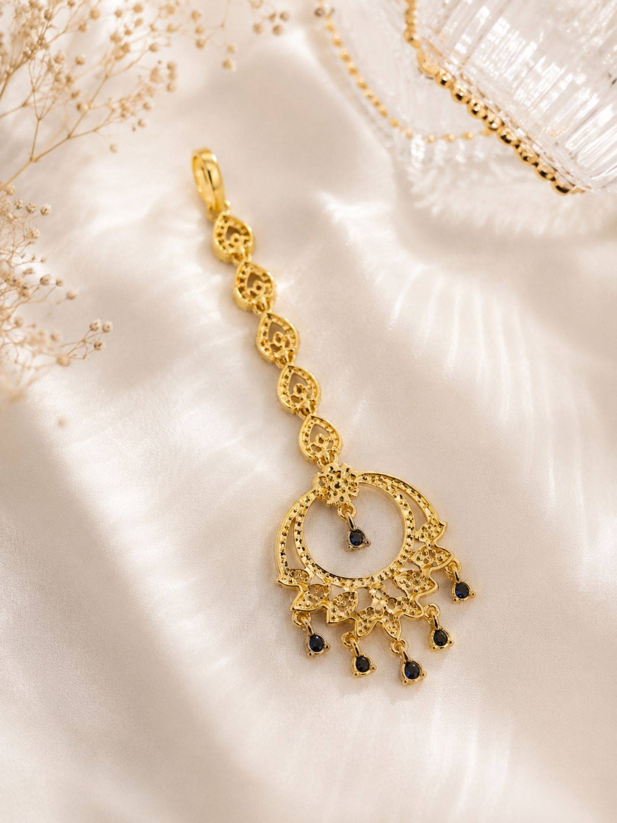 Abdesigns Mehendi Gold Oxidised Plated Blue American Diamond Maang Tikka