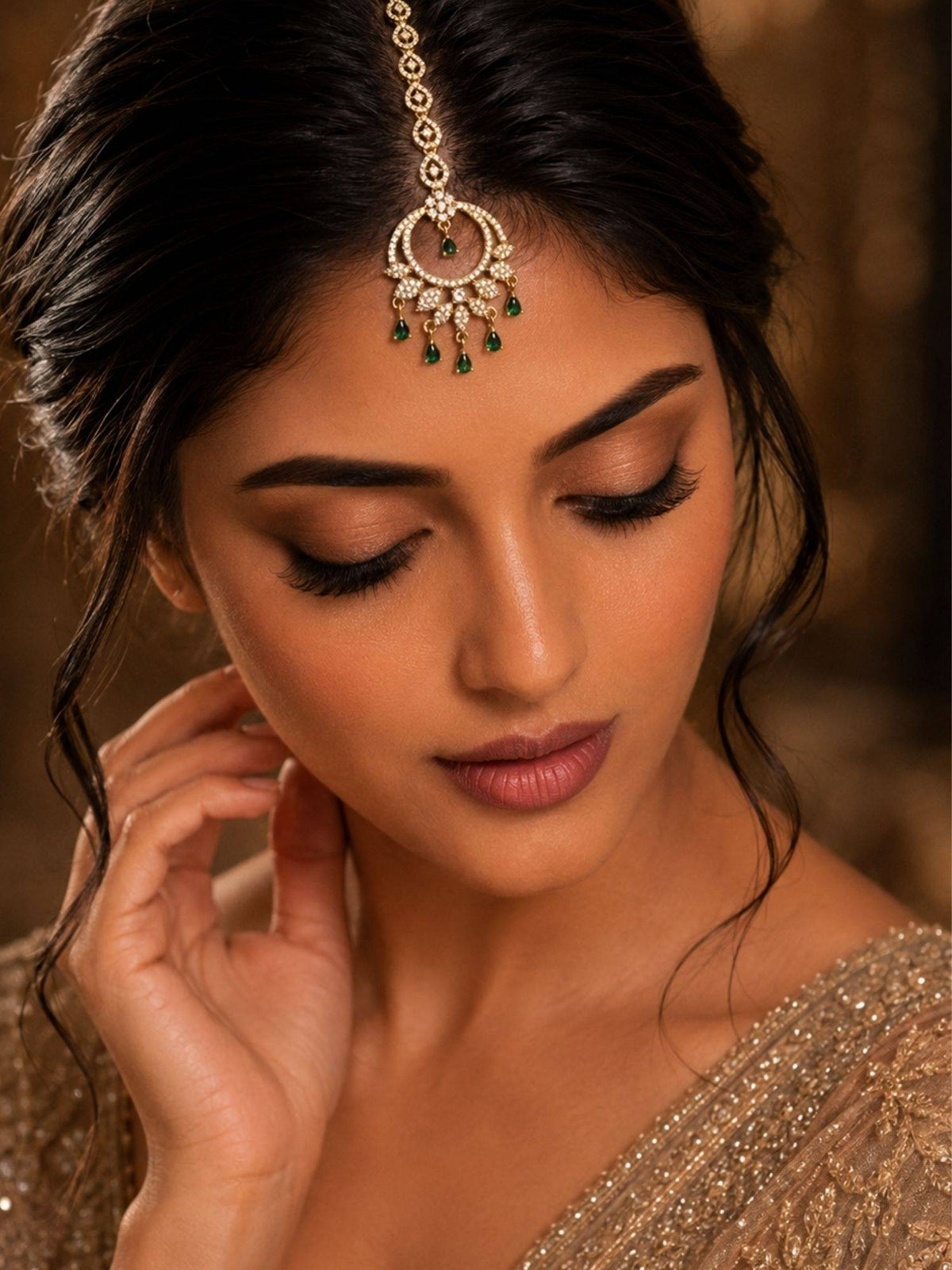 Abdesigns Mehendi Gold Oxidised Plated Green American Diamond Maang Tikka