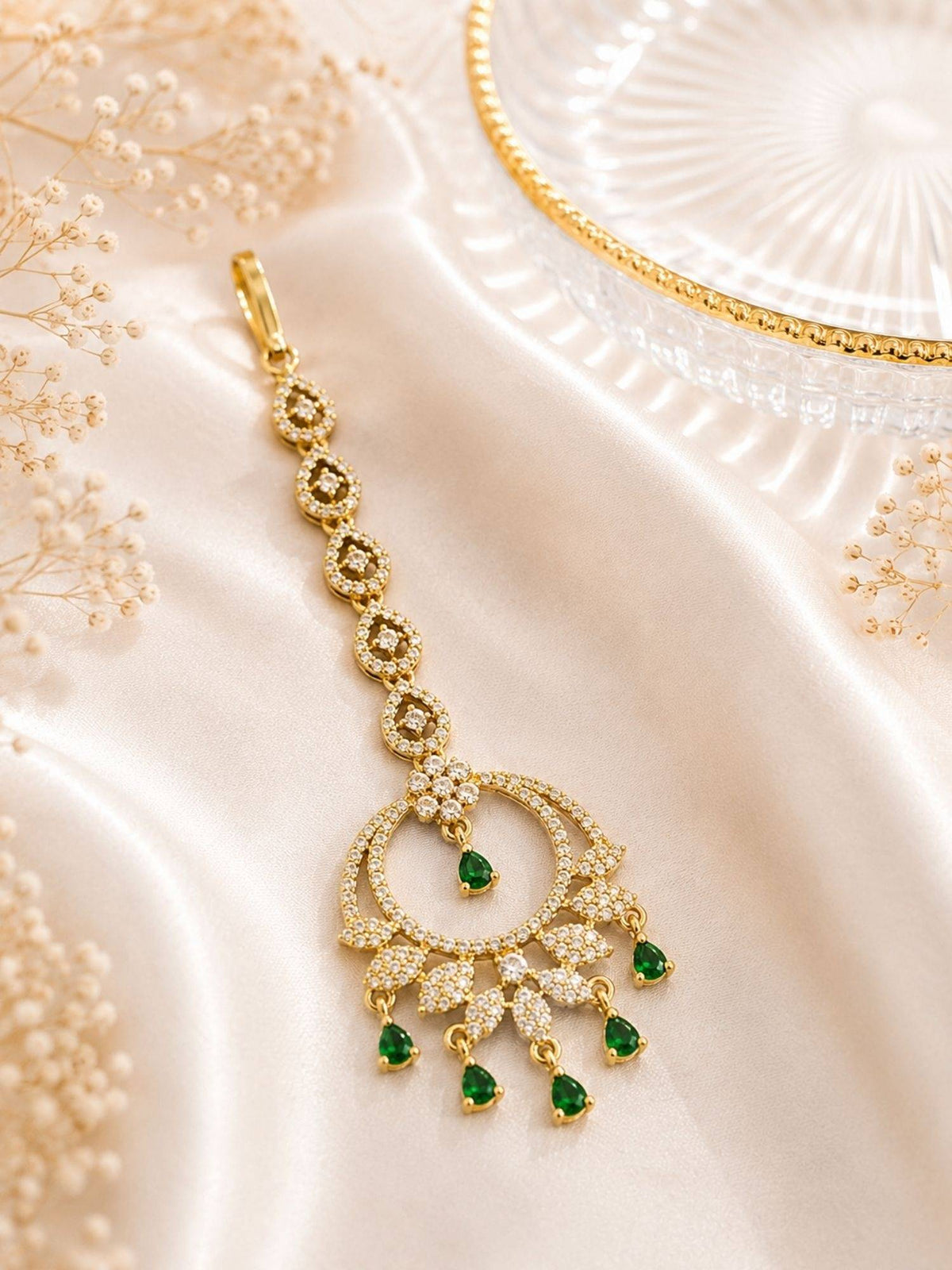 Abdesigns Mehendi Gold Oxidised Plated Green American Diamond Maang Tikka