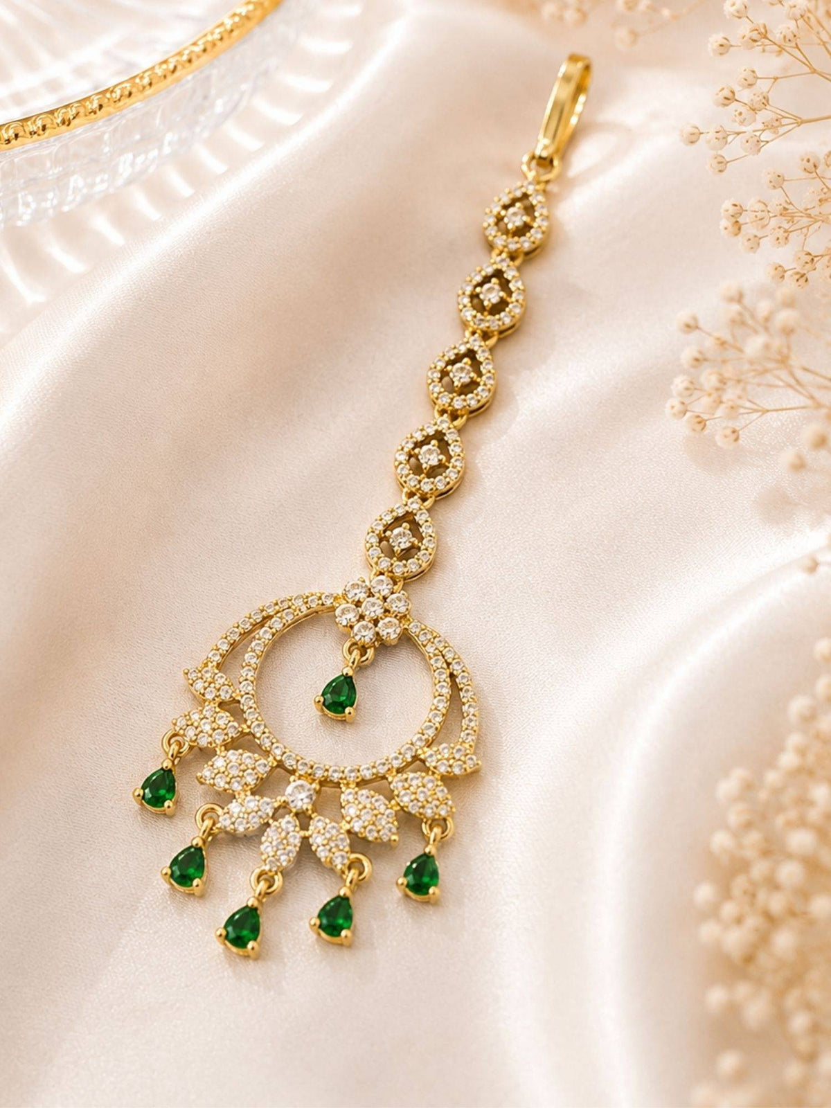 Abdesigns Mehendi Gold Oxidised Plated Green American Diamond Maang Tikka