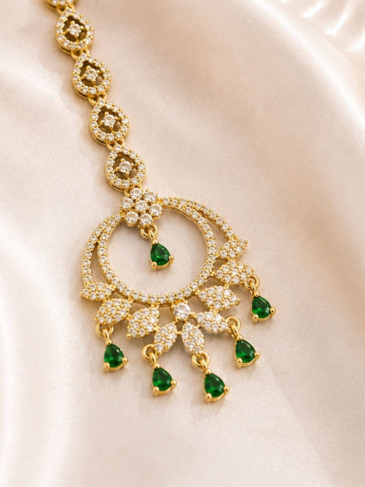 Abdesigns Mehendi Gold Oxidised Plated Green American Diamond Maang Tikka