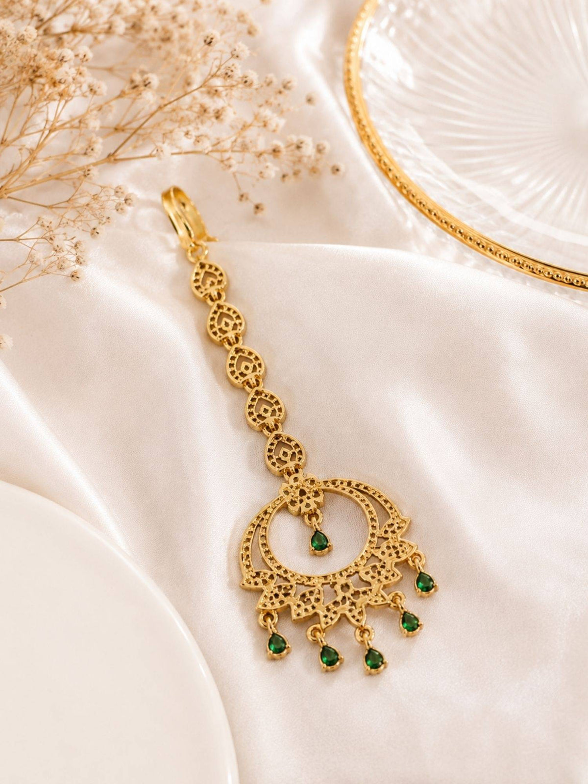 Abdesigns Mehendi Gold Oxidised Plated Green American Diamond Maang Tikka
