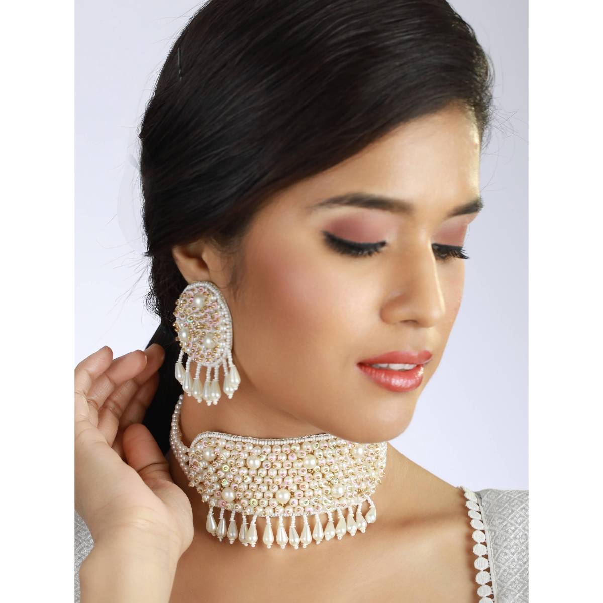 Aatmana White Pearls Beaded Choker Handcrafted Necklace Set · One Size