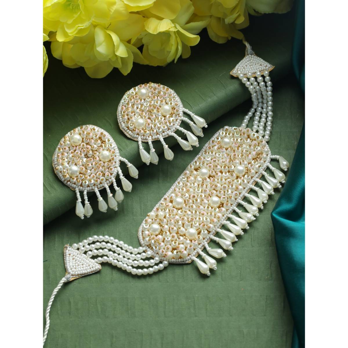Aatmana White Pearls Beaded Choker Handcrafted Necklace Set · One Size