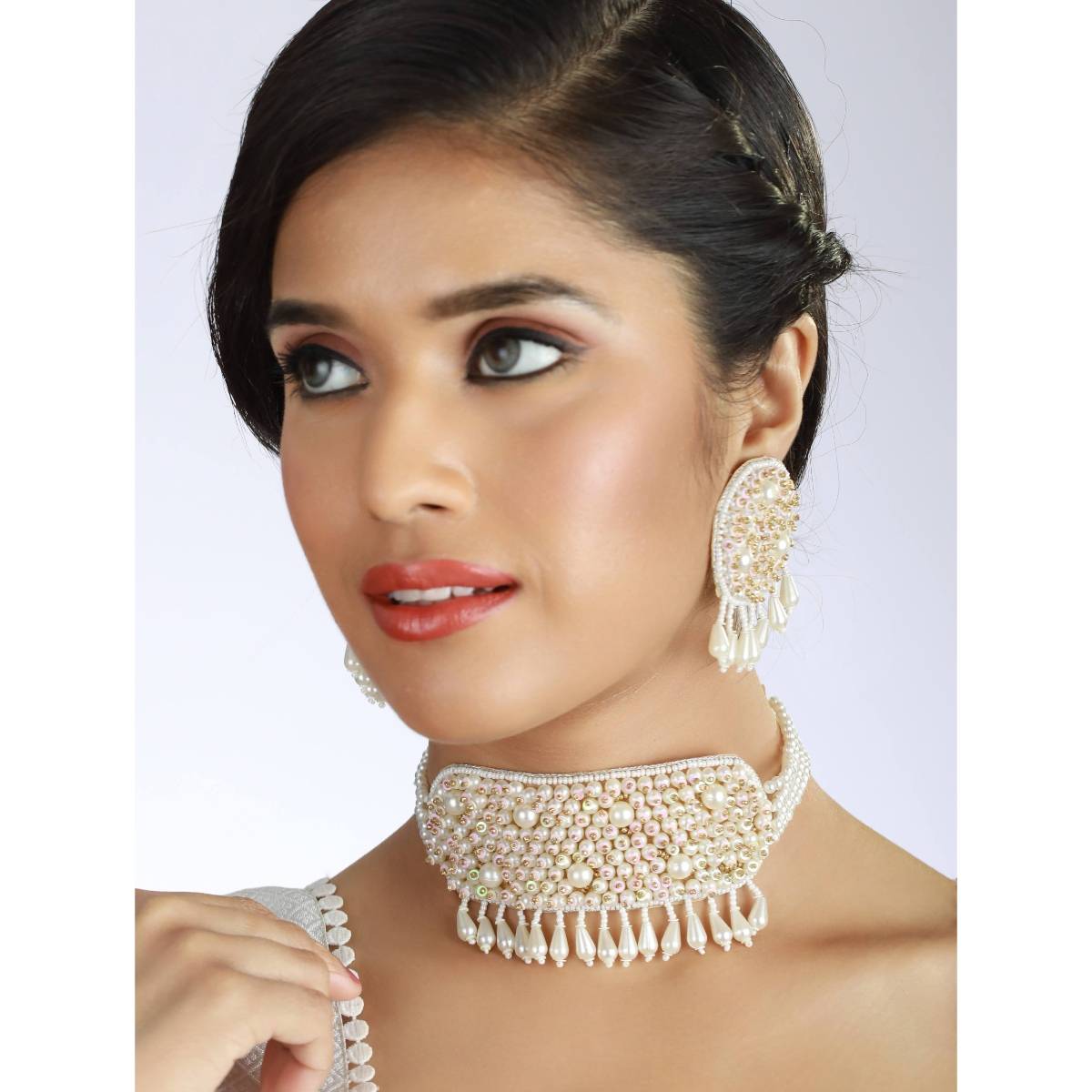 Aatmana White Pearls Beaded Choker Handcrafted Necklace Set