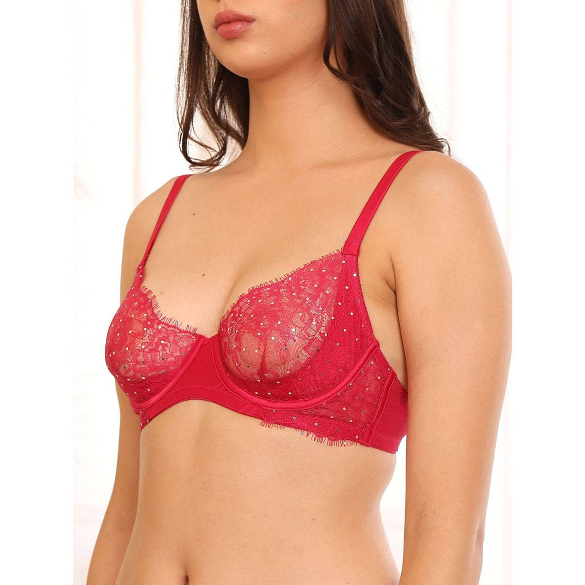 2PEACE Magenta Embellished Underwired Non-Padded Medium Coverage Demi Bra