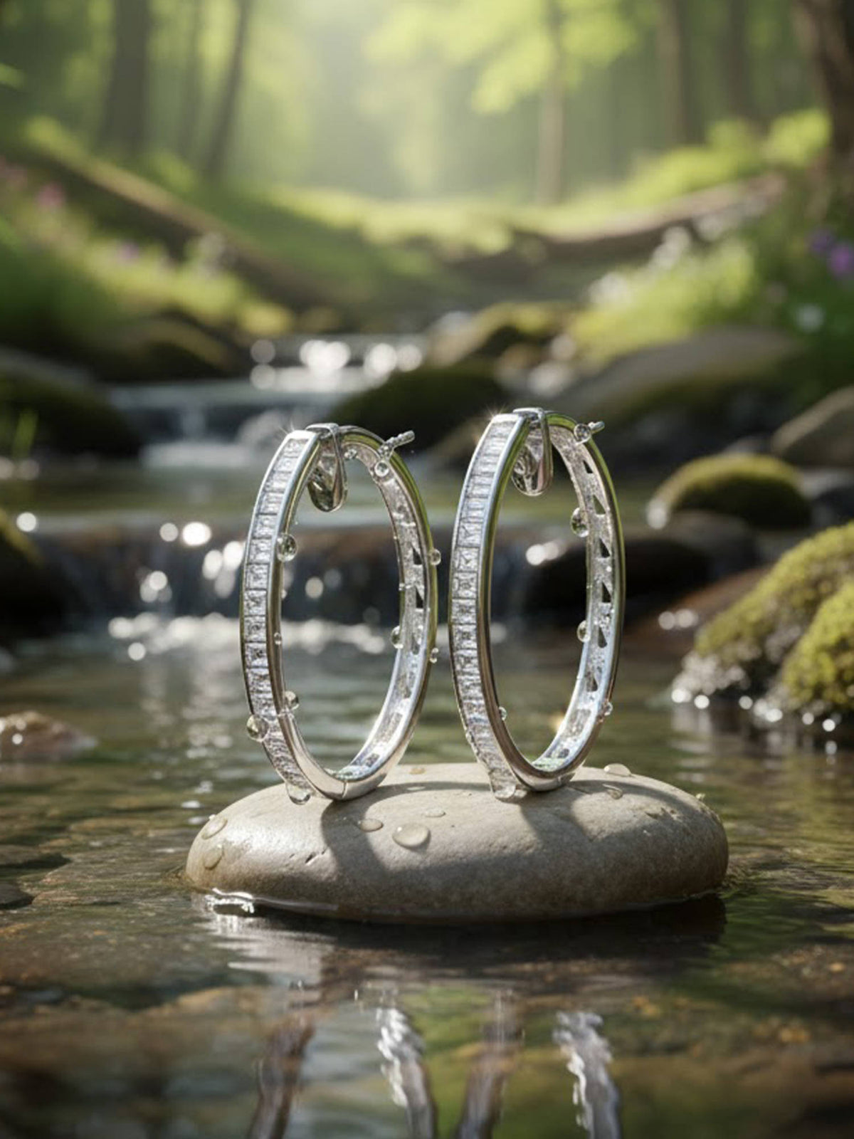 925 SILLER White Sterling Silver White Stones Hoops Earring