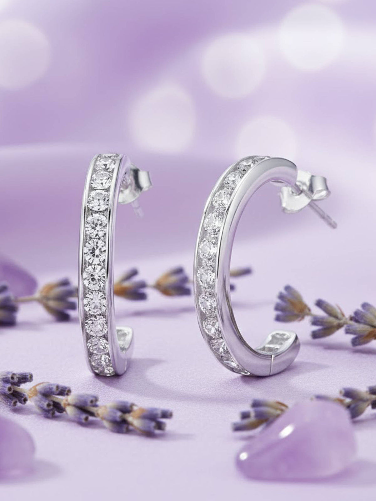 925 SILLER White Sterling Silver White Stones Hoops Earring