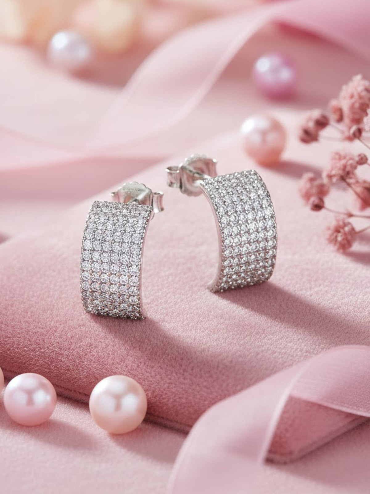 925 SILLER White Sterling Silver White Stones Hoops Earring