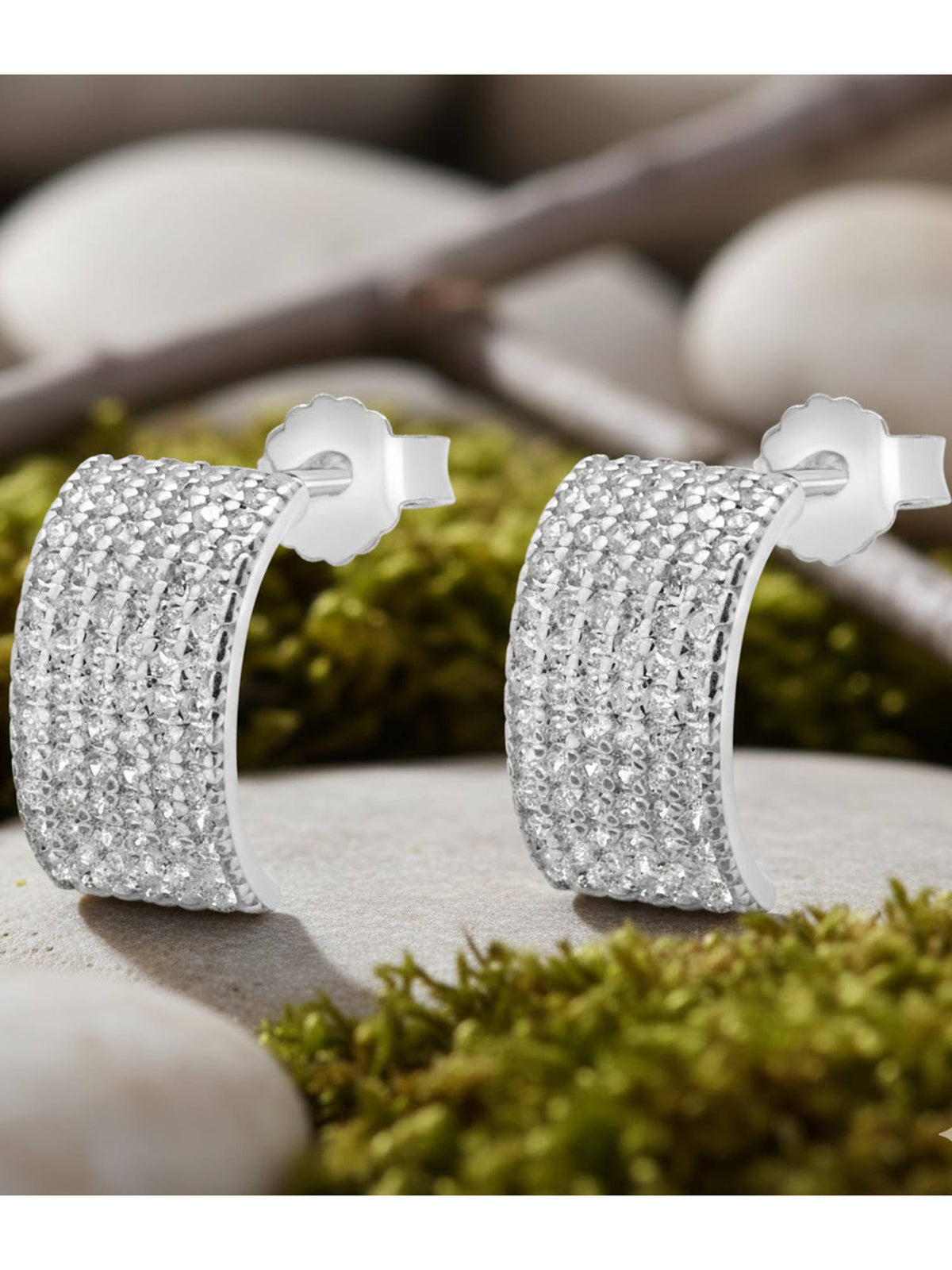 925 SILLER White Sterling Silver White Stones Hoops Earring