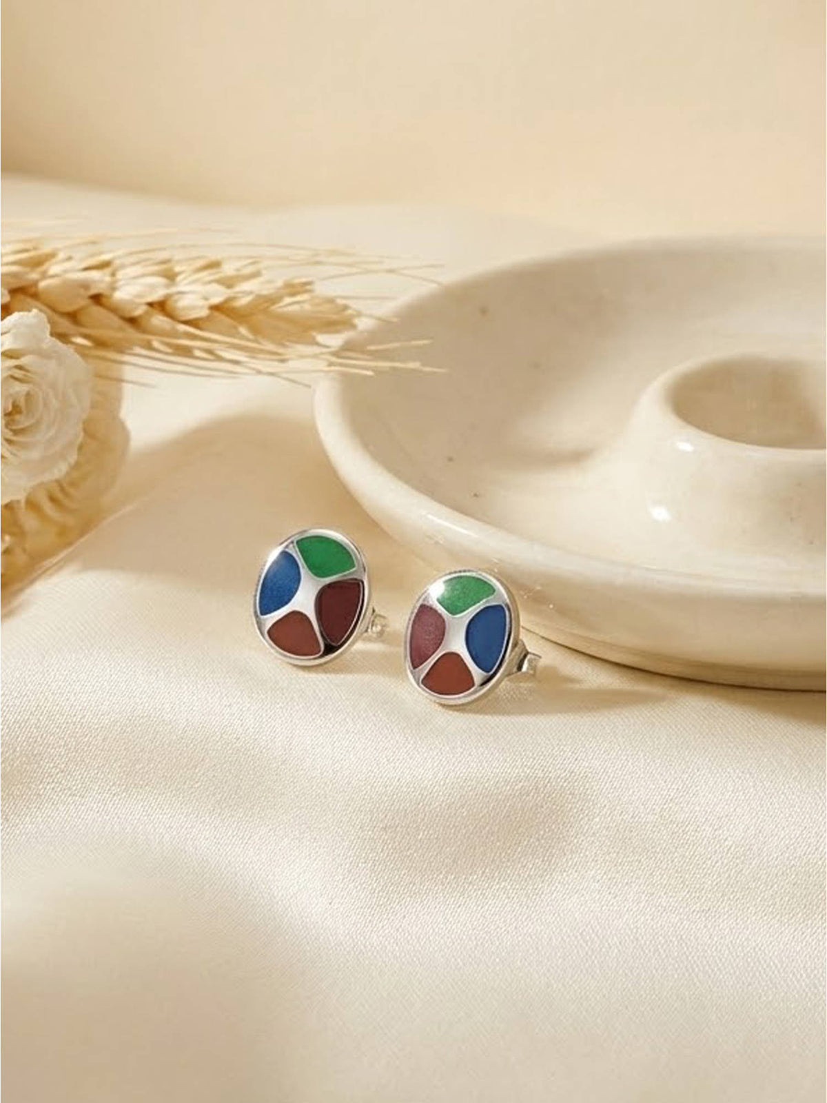 925 SILLER Multi-Color Sterling Silver Stones Studs Earring
