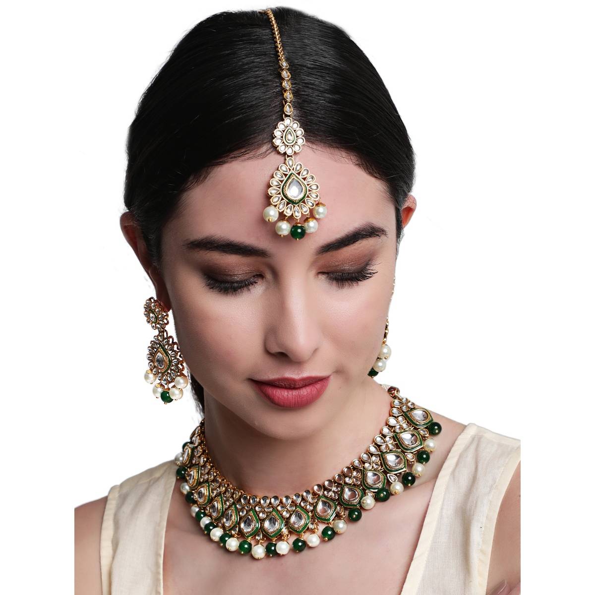 Aatmana Gold Plated Green and White Kundan Studded Beaded Handcrafted Jewellery · One Size
