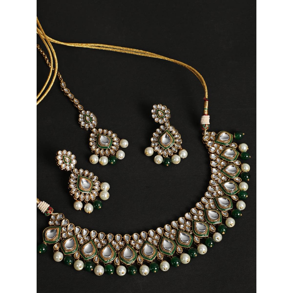 Aatmana Gold Plated Green and White Kundan Studded Beaded Handcrafted Jewellery · One Size