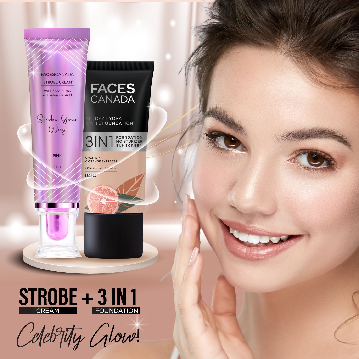 Faces Canada Strobe Cream, Pink - Primer + Highlighter + Moisturizer With Hyaluronic Acid (30ml)